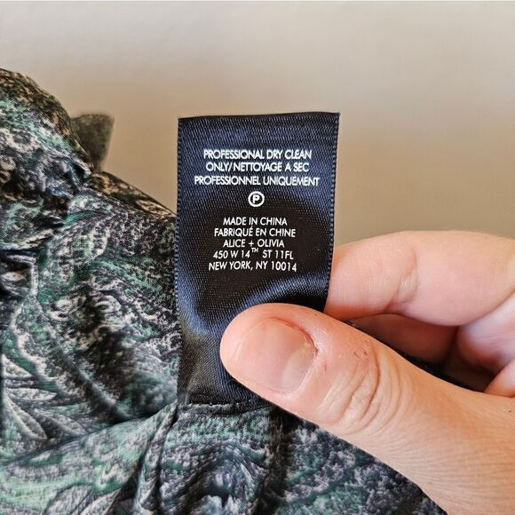 Alice + Olivia Sheer Dark Green And Black Paisley Long Sleeve Ruffle Top Small - Picture 6 of 9